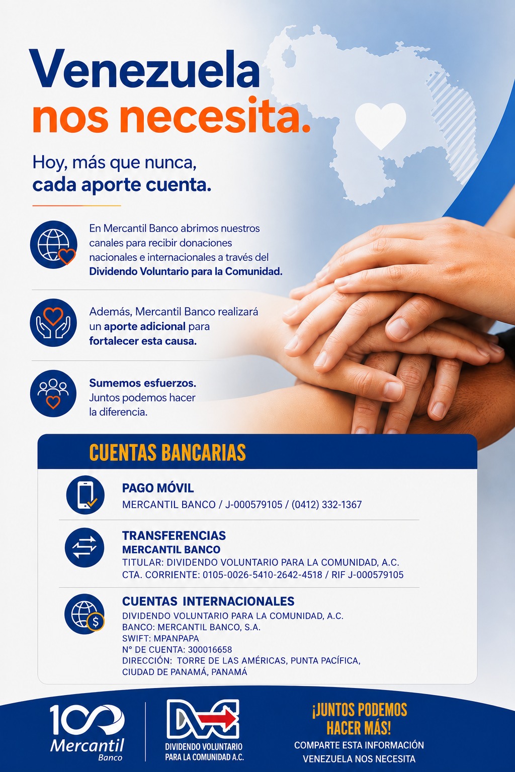 Mercantil recibe donaciones al Dividendo Voluntario para la Comunidad para apoyar a v&iacute;ctimas de la tragedia