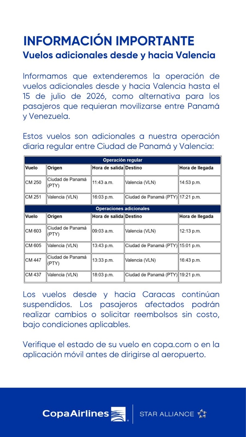 Copa Airlines extiende la operaci&oacute;n de vuelos adicionales desde y hacia Valencia hasta el #15Jul