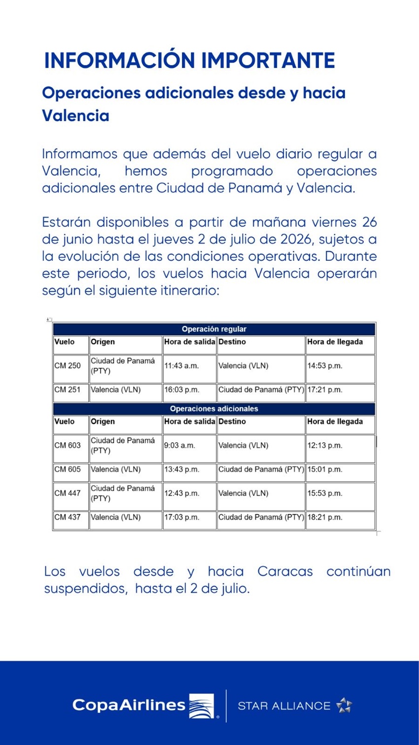 Copa Airlines ha programado operaciones adicionales entre Ciudad de Panam&aacute; y Valencia (+comunicado)