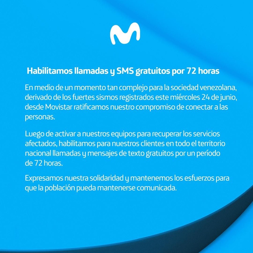 #Dato: Movistar habilit&oacute; llamadas y mensajes de texto gratuitos por 72 horas