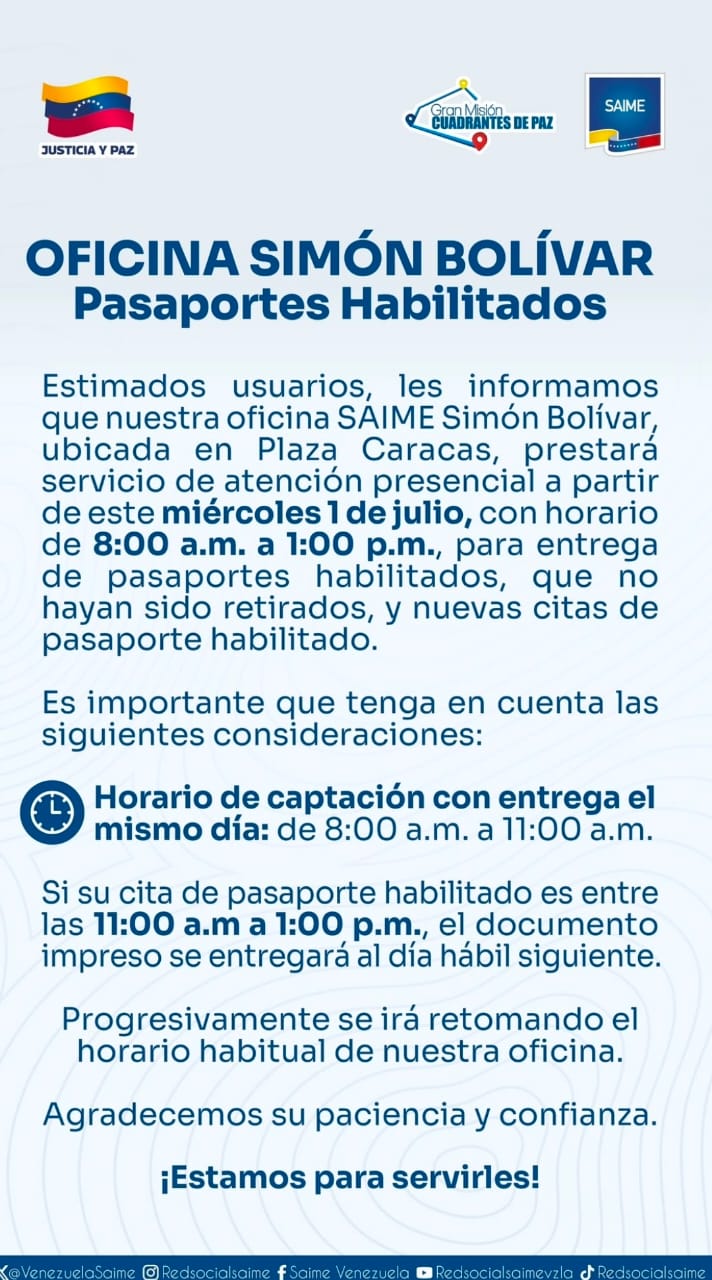 Saime retoma atención presencial en Caracas y 22 estados del país a partir del 1 de julio