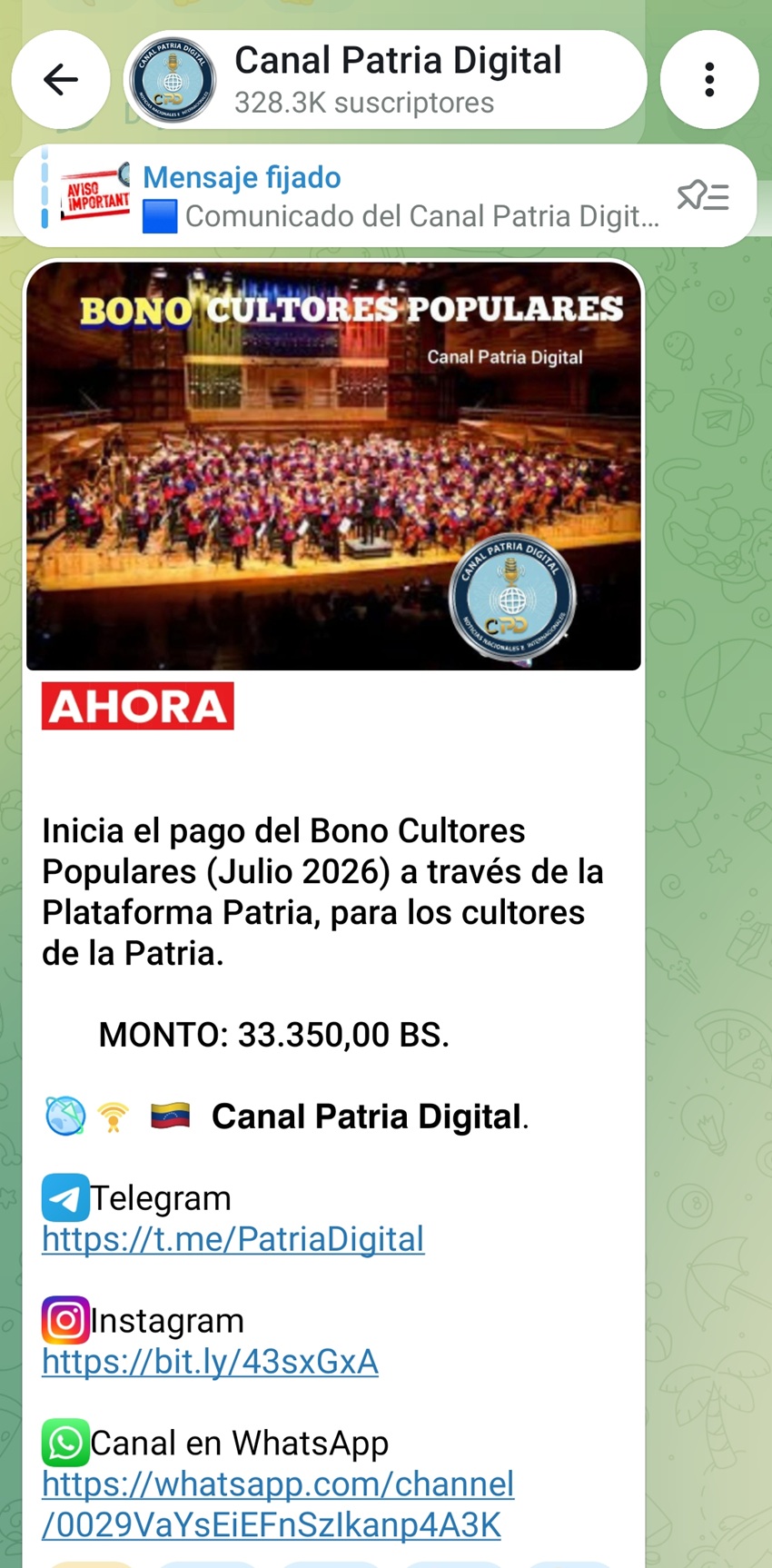 Incrementó más de 21% en bolívares: Pagan bono «Cultores Populares» de julio de 2026 (+monto)