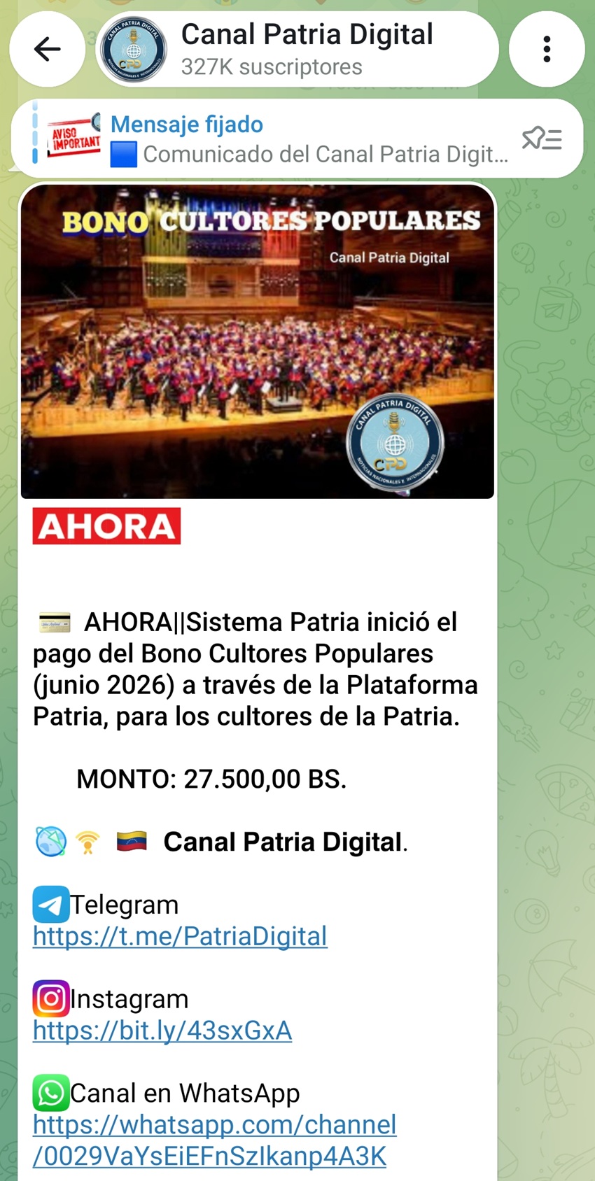 Pagan bono «Cultores Populares» de junio de 2026: Aumentó más de 11% en bolívares