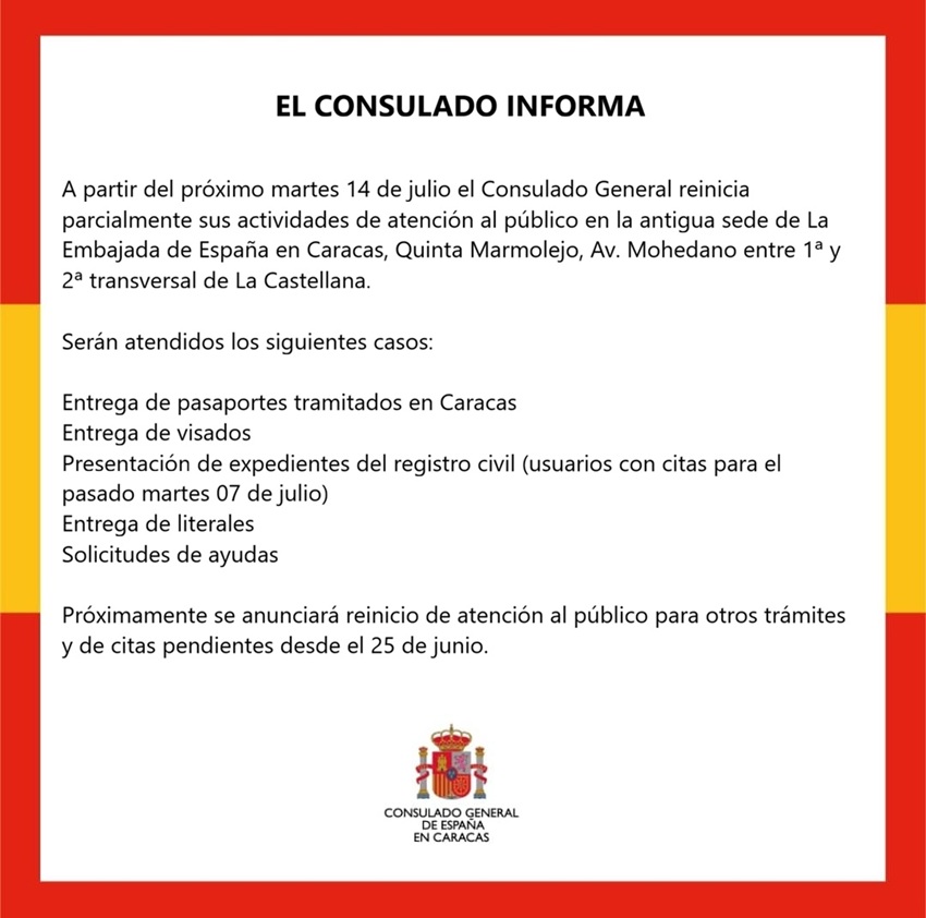 Consulado General de España en Caracas reinicia este #14Jul parcialmente sus actividades (+detalles)