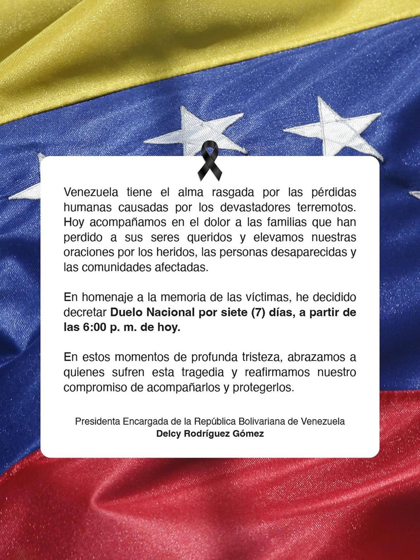 Decretan «Duelo Nacional» por 7 días en homenaje a la memoria de las víctimas de los terremotos (+comunicado)