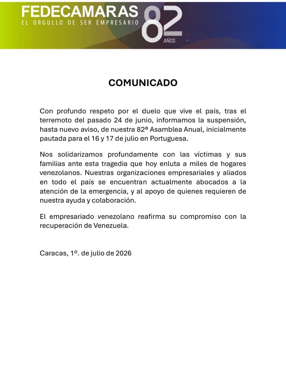 Fedecámaras suspendió Asamblea Anual en Portuguesa por respeto al duelo nacional