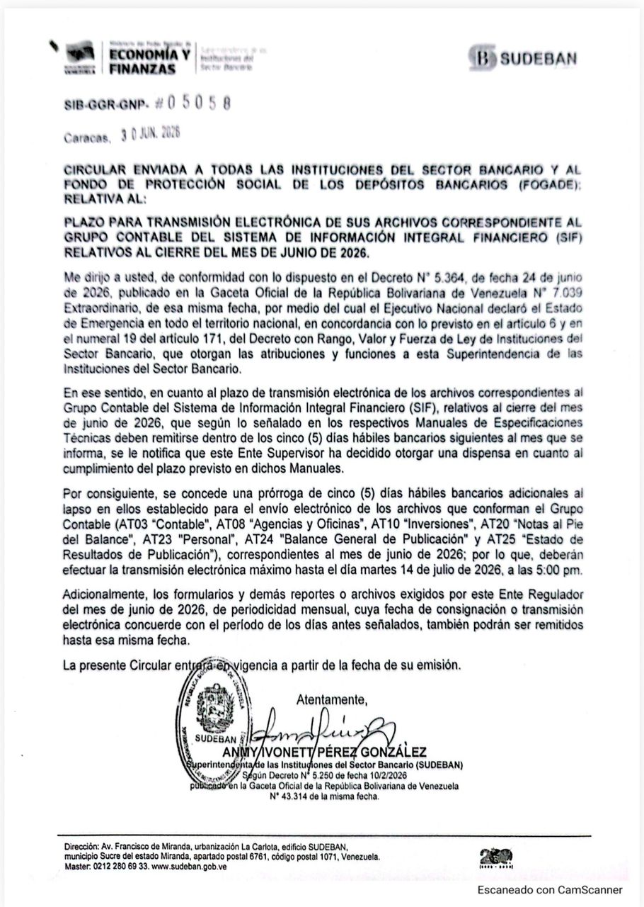 Sudeban dio pr&oacute;rroga de cinco d&iacute;as a los bancos para remitir informaci&oacute;n financiera de junio