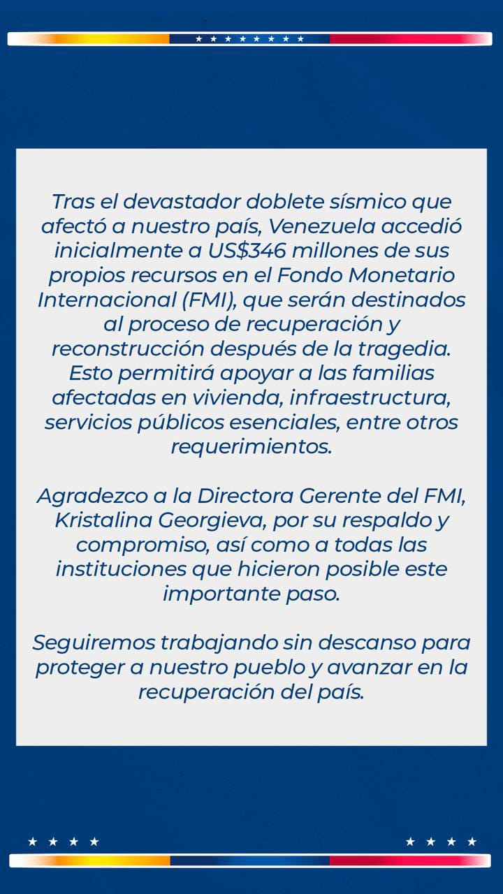 Venezuela accede a US$346 millones del total de los recursos del país en el FMI