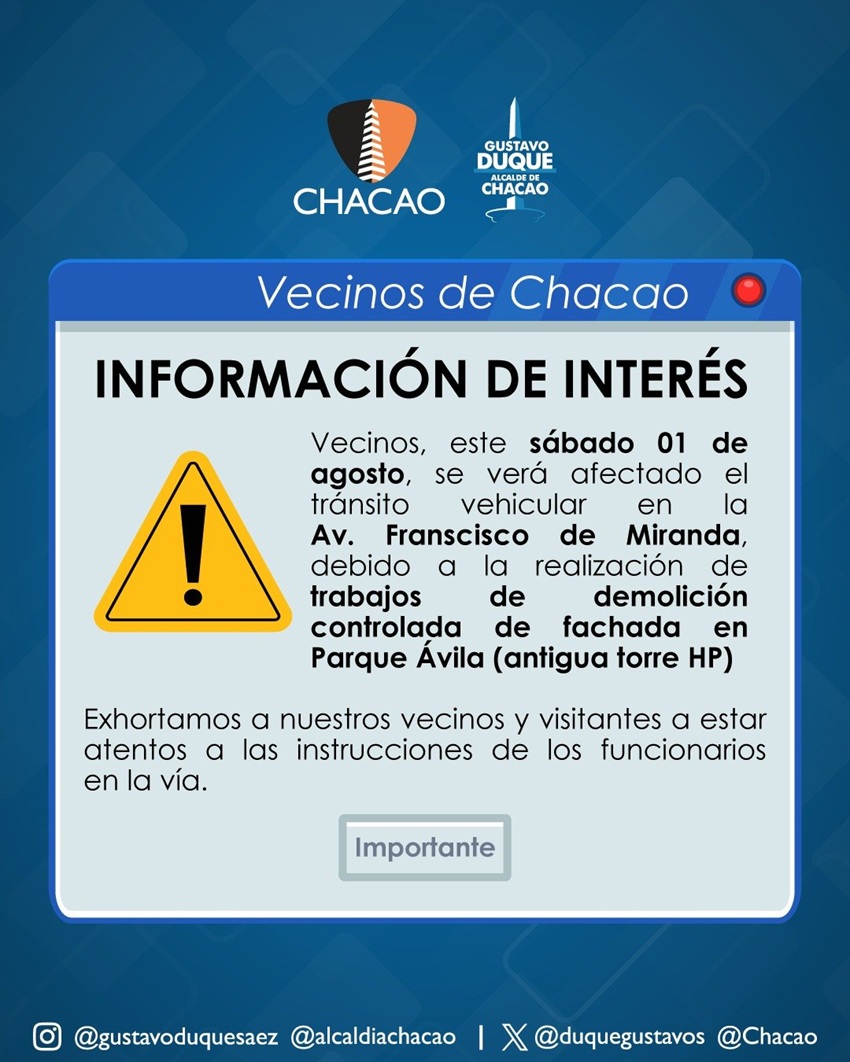 Tránsito vehicular en la Av. Francisco de Miranda estará afectado por demolición controlada de fachada en Parque Ávila