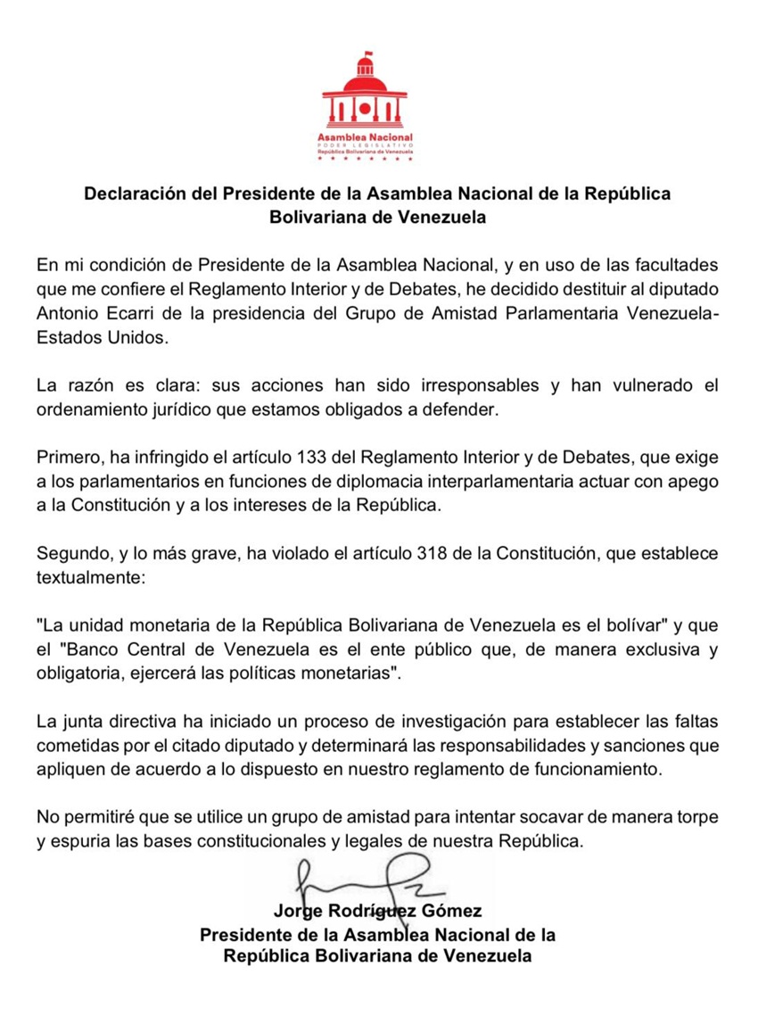 Jorge Rodríguez destituye a Antonio Ecarri de la presidencia del Grupo Amistad Parlamentaria Venezuela-EEUU