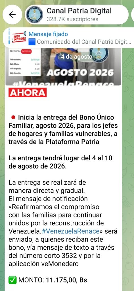Pagan Bono Único Familiar de agosto: Incrementó 11,69% en bolívares
