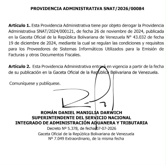 SENIAT elimin&oacute; obligaci&oacute;n de homologar los sistemas inform&aacute;ticos de facturaci&oacute;n