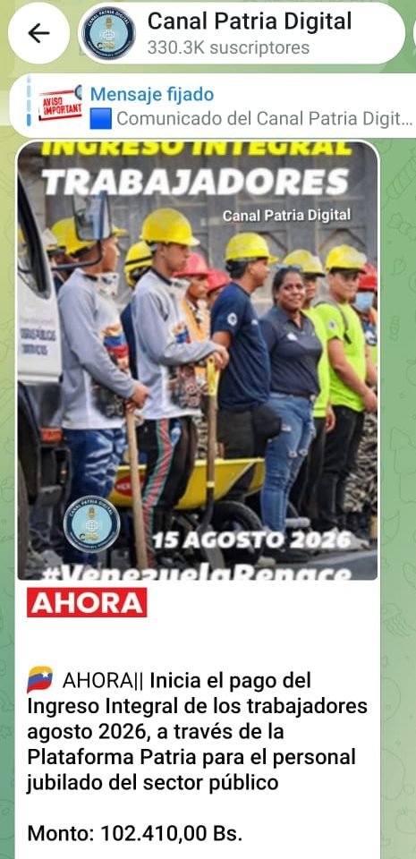 Inician pago del «Ingreso Integral de los Trabajadores» de agosto a jubilados (+Detalles)