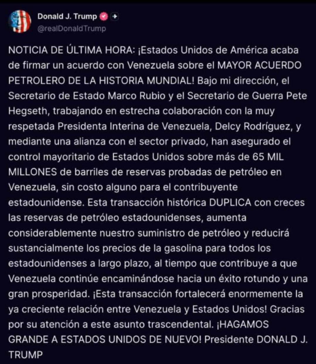 Trump anuncia acuerdo para que EEUU controle 65.000 millones de barriles de petr&oacute;leo venezolano