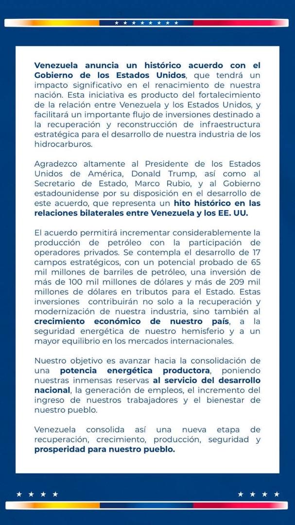 Delcy Rodríguez confirma acuerdo petrolero con EE.UU. y asegura que generará US$ 209.000 millones en impuestos