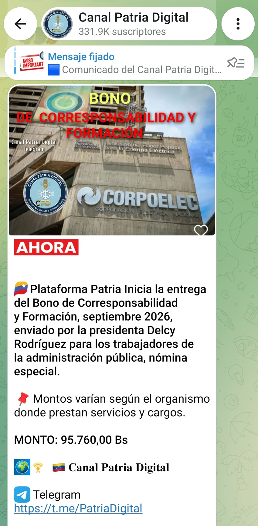 Equivale a más de Bs. 95.000: Pagan bono de «Corresponsabilidad y Formación» de septiembre a trabajadores de nómina especial