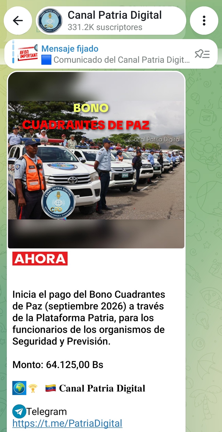 Pagan el bono &laquo;Cuadrantes de Paz&raquo; de septiembre y tiene un aumento de m&aacute;s del 8% en bol&iacute;vares