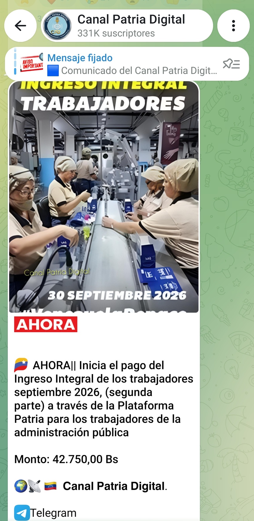 Pagan segunda parte del &laquo;Ingreso Integral de los Trabajadores&raquo; de septiembre: Aument&oacute; 8,23% en bol&iacute;vares