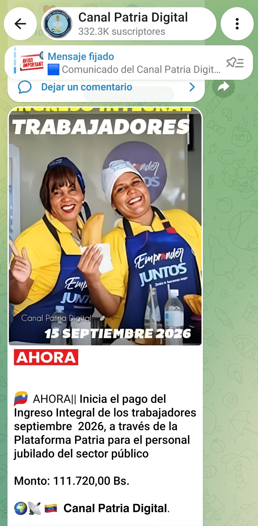 Increment&oacute; en bol&iacute;vares: Pagan &laquo;Ingreso Integral de los Trabajadores&raquo; de septiembre a jubilados (+monto)
