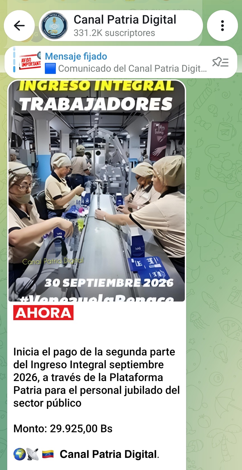#Dato: Pagan segunda parte del &laquo;Ingreso Integral de los Trabajadores&raquo; de septiembre a jubilados (+monto)