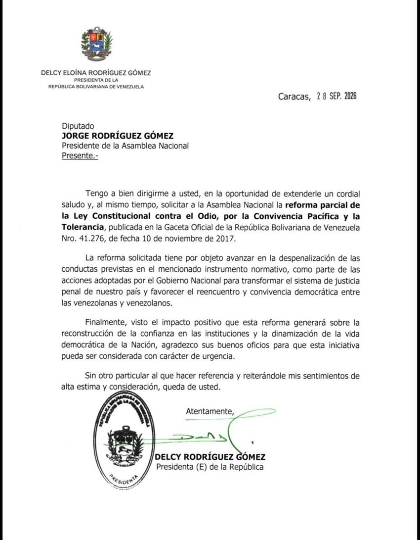 Delcy Rodr&iacute;guez solicit&oacute; a la AN la reforma parcial de la Ley contra el Odio, por la Convivencia Pac&iacute;fica y la Tolerancia