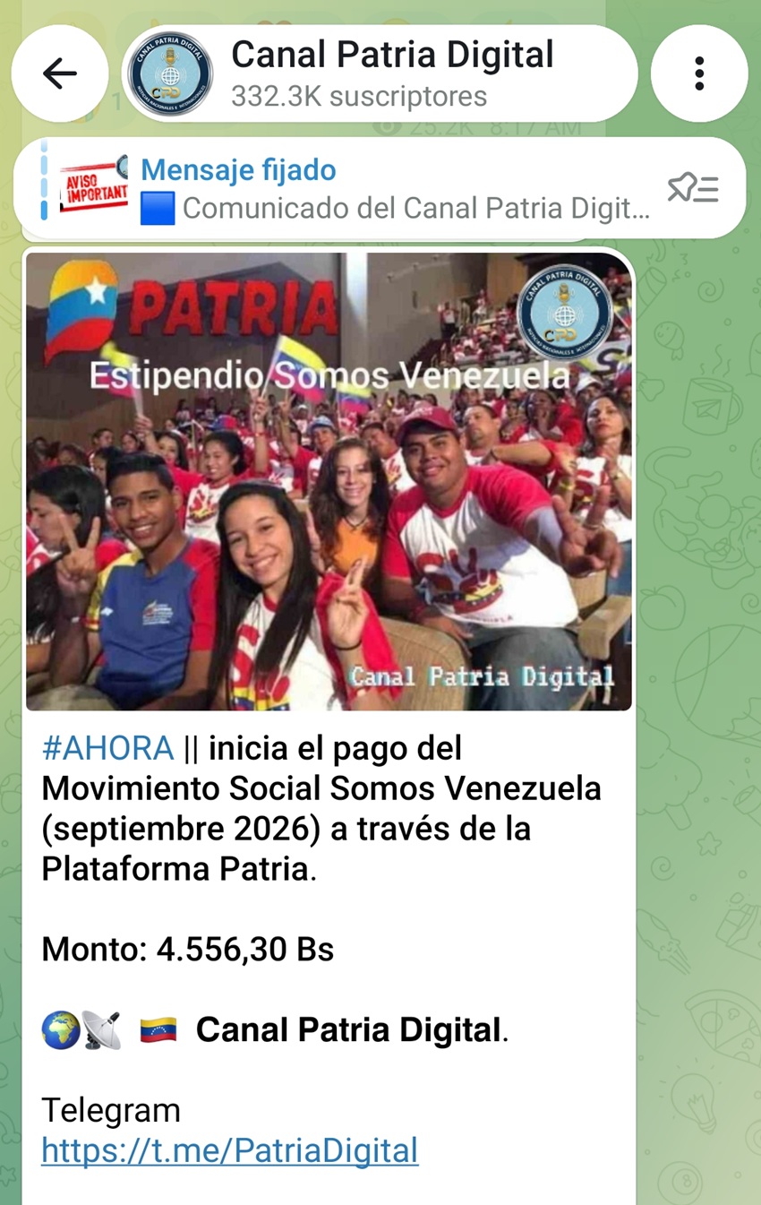 Pagan estipendio &laquo;Somos Venezuela&raquo; de septiembre: Aument&oacute; m&aacute;s de 8% en bol&iacute;vares (+monto)