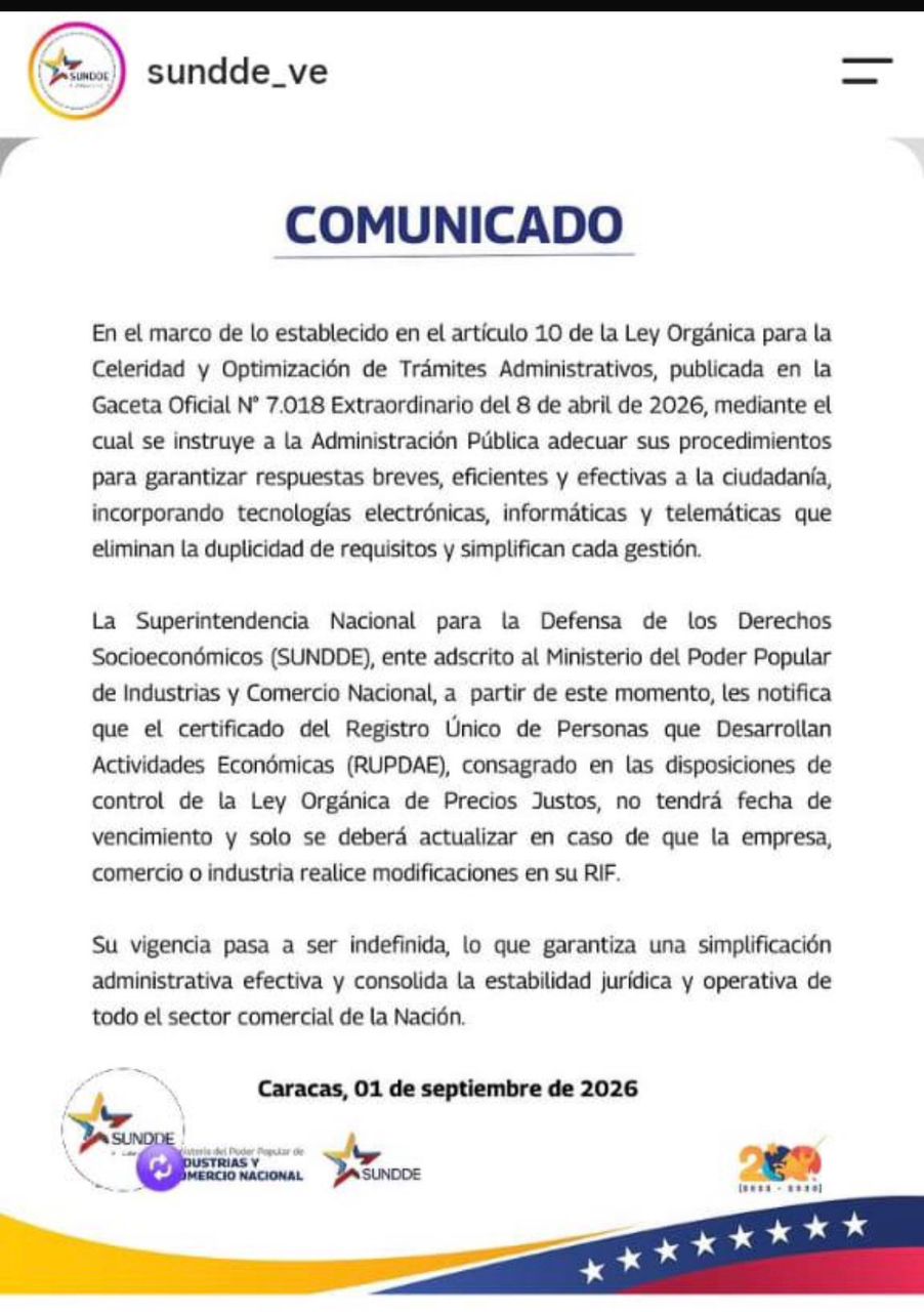 #Dato: SUNDDE elimina la fecha de vencimiento del certificado Rupdae
