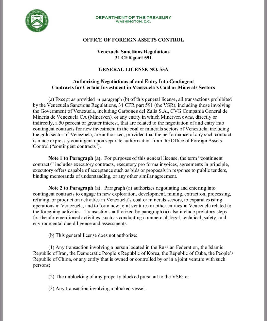OFAC flexbiliza sanciones para el sector minero de Venezuela con tres licencias generales