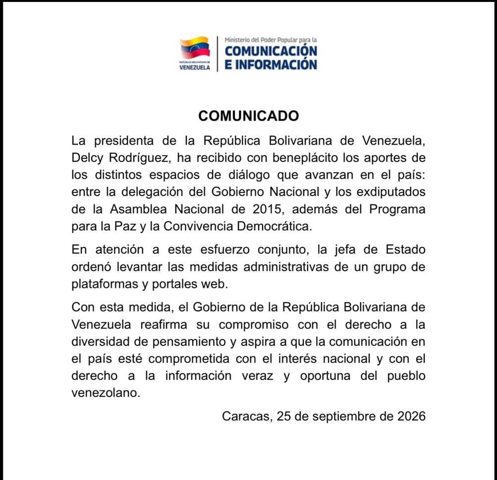 Delcy Rodr&iacute;guez ordena el desbloqueo de otro grupo de portales web en atenci&oacute;n al di&aacute;logo