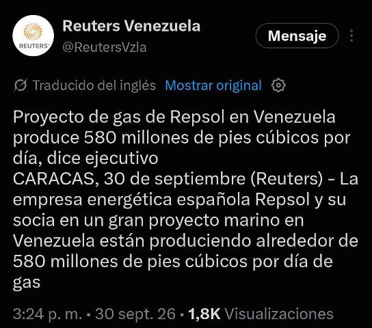 Repsol produce 580 millones de pies cúbicos de gas por día en Venezuela, afirma ejecutivo