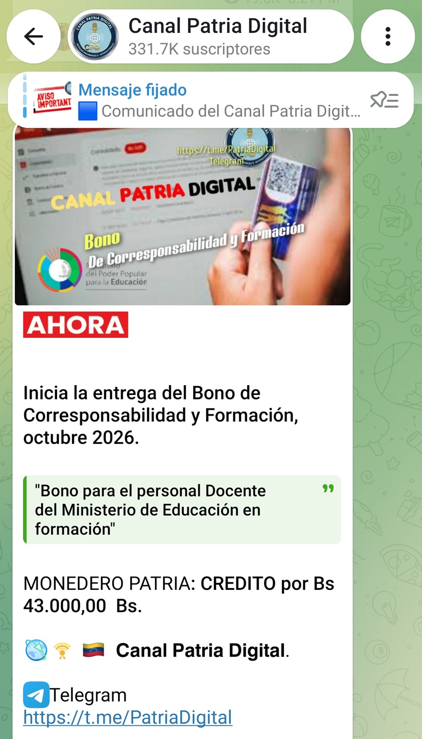 Aument&oacute; m&aacute;s de 7% en bol&iacute;vares: Pagan el &laquo;Bono de Corresponsabilidad y Formaci&oacute;n&raquo; de octubre a docentes