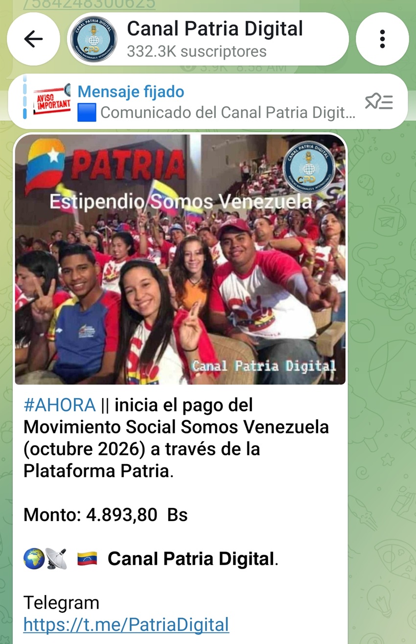 Pagan estipendio &laquo;Somos Venezuela&raquo; de octubre: Increment&oacute; m&aacute;s de 7% en bol&iacute;vares