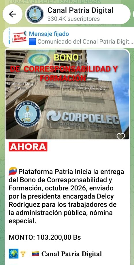 Equivale a US$117,85: Pagan Bono de «Corresponsabilidad y Formación» de octubre a trabajadores de nómina especial