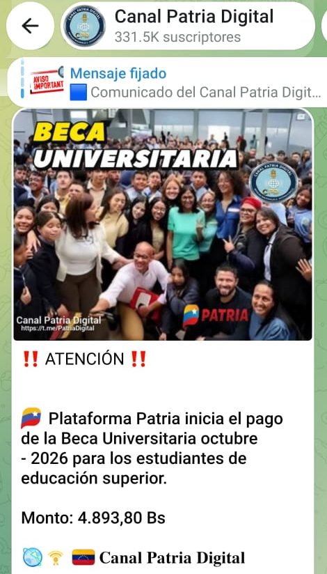 Pagan «Bono Beca Universitaria» de octubre de 2026: Incrementó 8,06% en bolívares