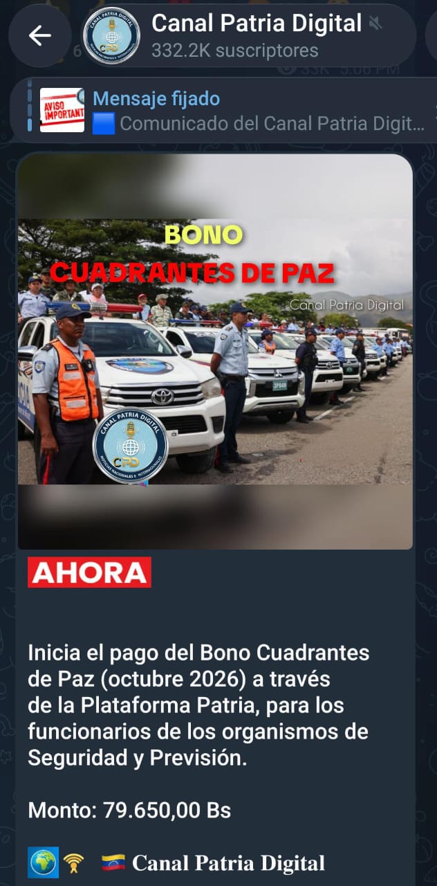 Pagan Bono Cuadrantes de Paz de octubre: Aument&oacute; 24,21% en bol&iacute;vares